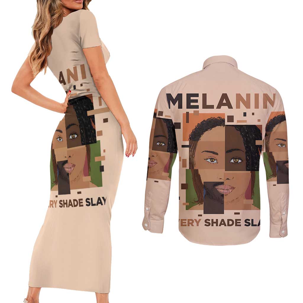 Melanin Every Shade Slays Couples Matching Short Sleeve Bodycon Dress and Long Sleeve Button Shirt African Women