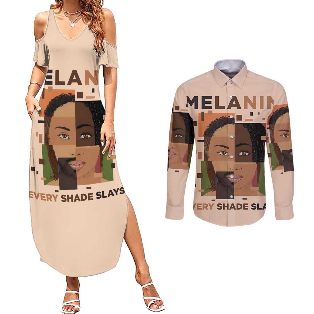 Melanin Every Shade Slays Couples Matching Summer Maxi Dress and Long Sleeve Button Shirt African Women