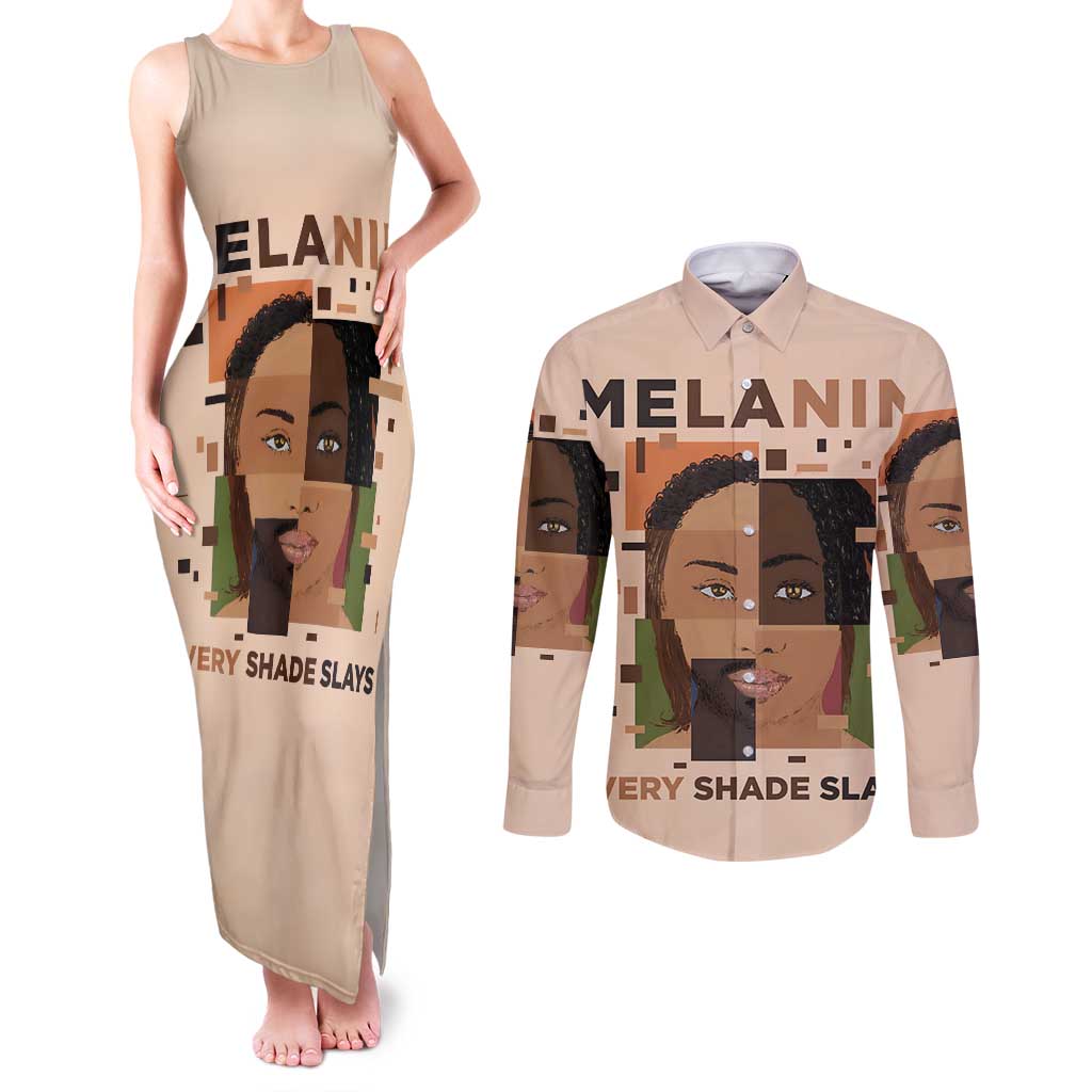 Melanin Every Shade Slays Couples Matching Tank Maxi Dress and Long Sleeve Button Shirt African Women