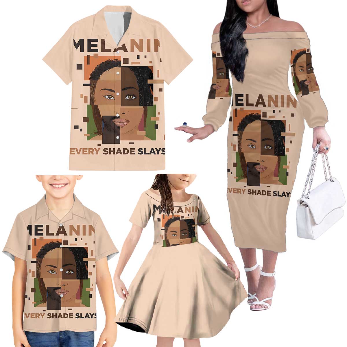 Melanin Every Shade Slays Family Matching Off The Shoulder Long Sleeve Dress and Hawaiian Shirt African Women