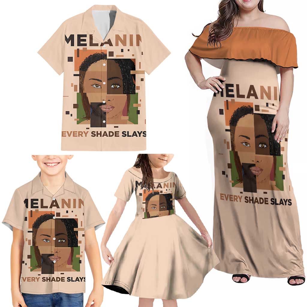 Melanin Every Shade Slays Family Matching Off Shoulder Maxi Dress and Hawaiian Shirt African Women