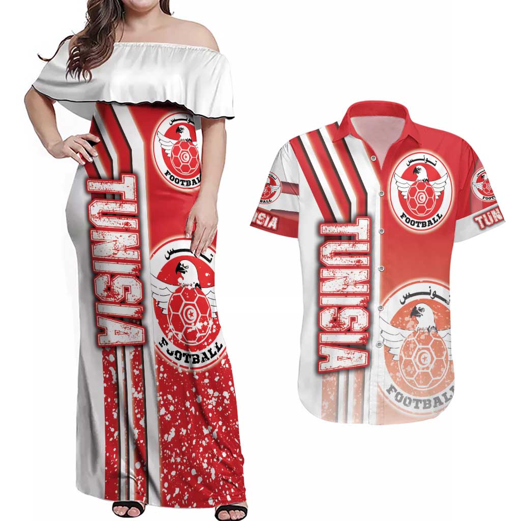 Tunisia Football Couples Matching Off Shoulder Maxi Dress and Hawaiian Shirt Eagles of Carthage Soccer - Road To Champion