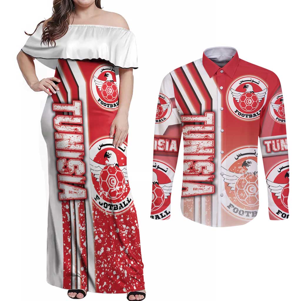 Tunisia Football Couples Matching Off Shoulder Maxi Dress and Long Sleeve Button Shirt Eagles of Carthage Soccer - Road To Champion