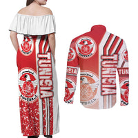 Tunisia Football Couples Matching Off Shoulder Maxi Dress and Long Sleeve Button Shirt Eagles of Carthage Soccer - Road To Champion
