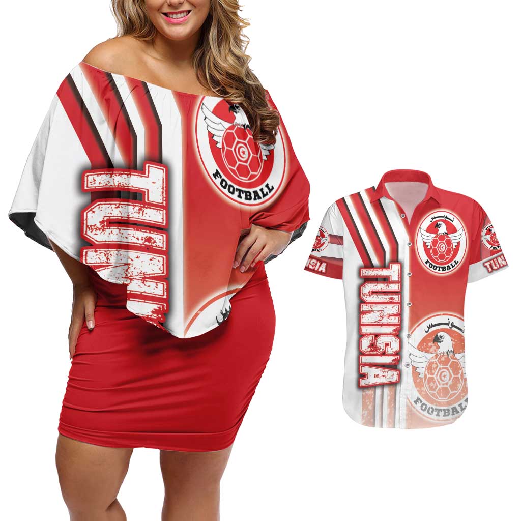 Tunisia Football Couples Matching Off Shoulder Short Dress and Hawaiian Shirt Eagles of Carthage Soccer - Road To Champion