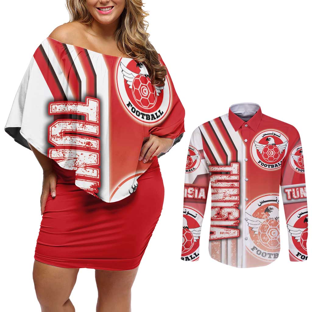 Tunisia Football Couples Matching Off Shoulder Short Dress and Long Sleeve Button Shirt Eagles of Carthage Soccer - Road To Champion