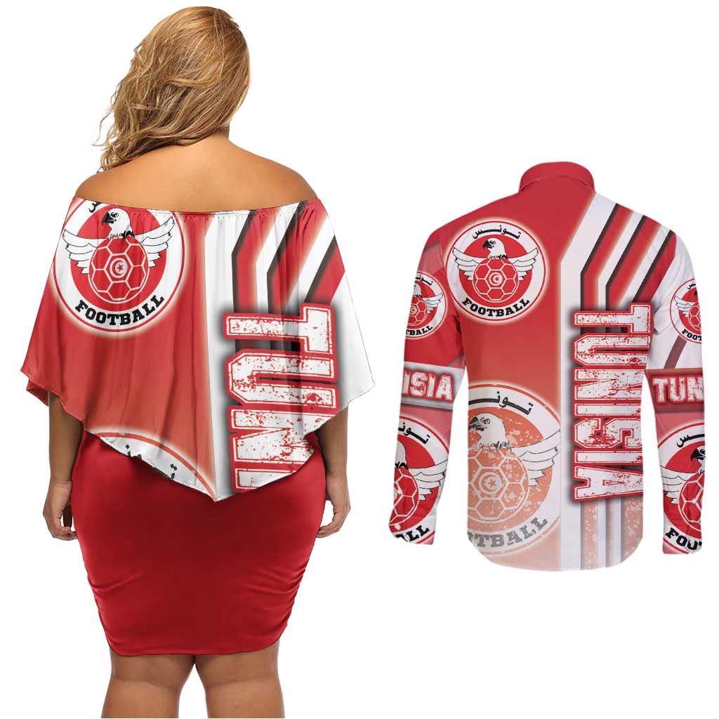 Tunisia Football Couples Matching Off Shoulder Short Dress and Long Sleeve Button Shirt Eagles of Carthage Soccer - Road To Champion