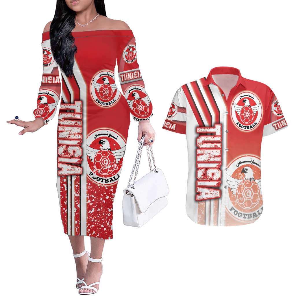 Tunisia Football Couples Matching Off The Shoulder Long Sleeve Dress and Hawaiian Shirt Eagles of Carthage Soccer - Road To Champion