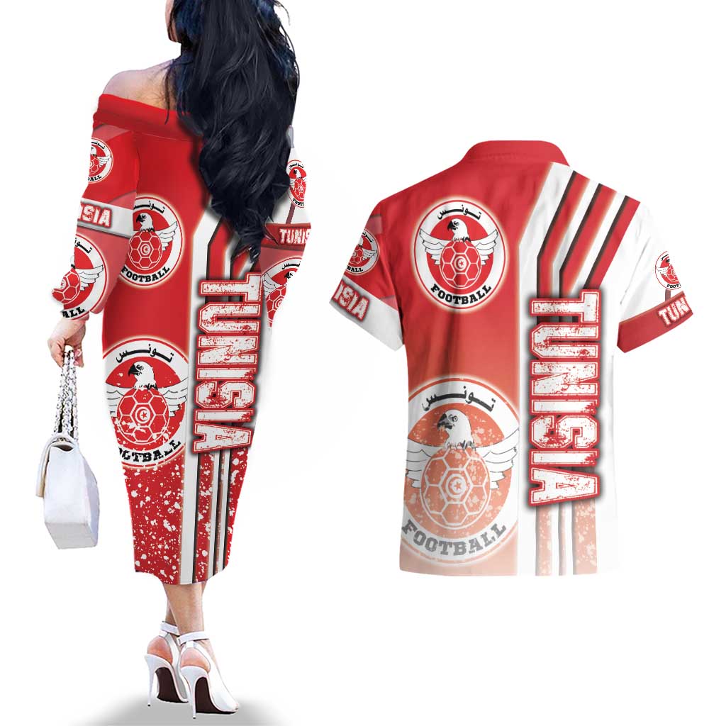 Tunisia Football Couples Matching Off The Shoulder Long Sleeve Dress and Hawaiian Shirt Eagles of Carthage Soccer - Road To Champion