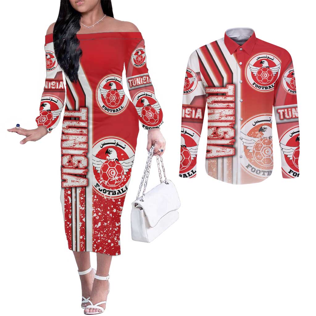 Tunisia Football Couples Matching Off The Shoulder Long Sleeve Dress and Long Sleeve Button Shirt Eagles of Carthage Soccer - Road To Champion