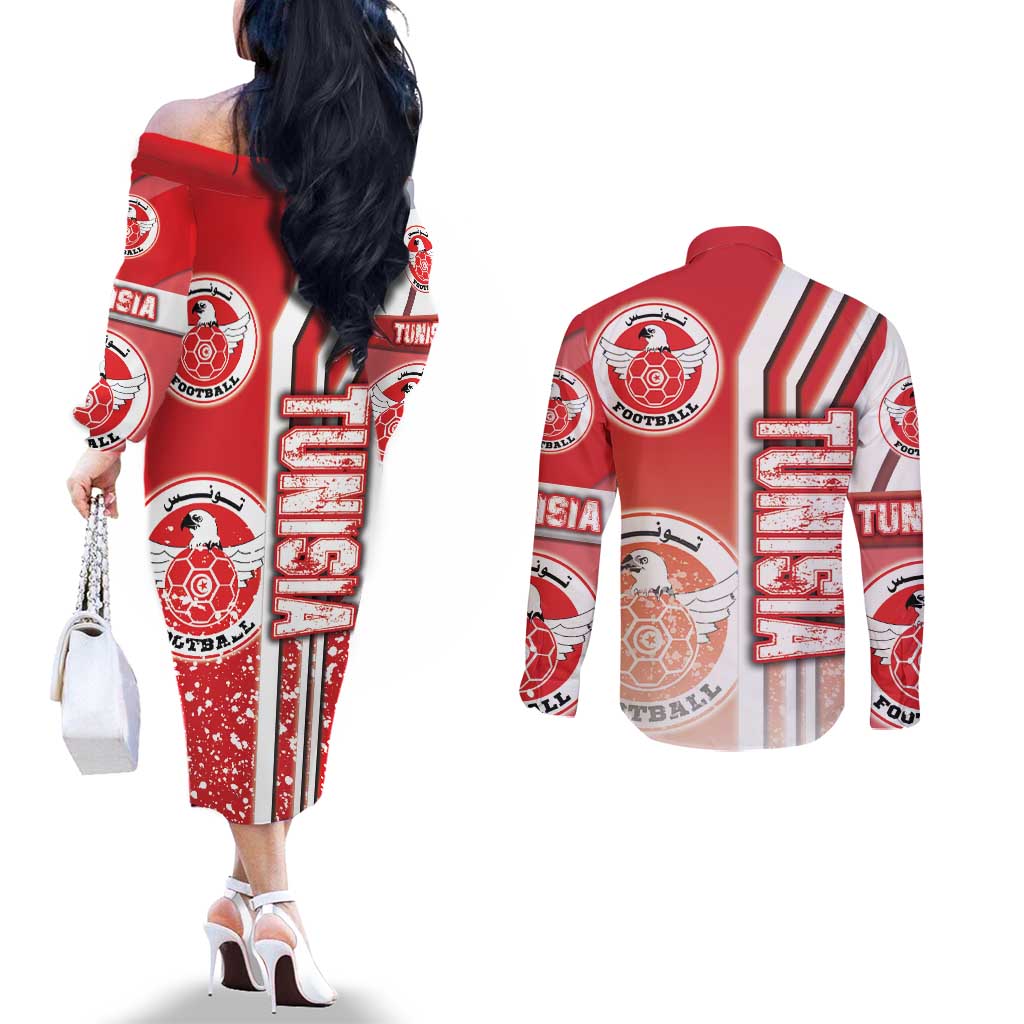 Tunisia Football Couples Matching Off The Shoulder Long Sleeve Dress and Long Sleeve Button Shirt Eagles of Carthage Soccer - Road To Champion