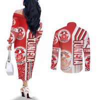 Tunisia Football Couples Matching Off The Shoulder Long Sleeve Dress and Long Sleeve Button Shirt Eagles of Carthage Soccer - Road To Champion