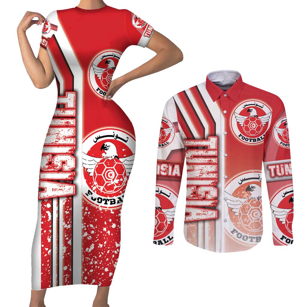 Tunisia Football Couples Matching Short Sleeve Bodycon Dress and Long Sleeve Button Shirt Eagles of Carthage Soccer - Road To Champion