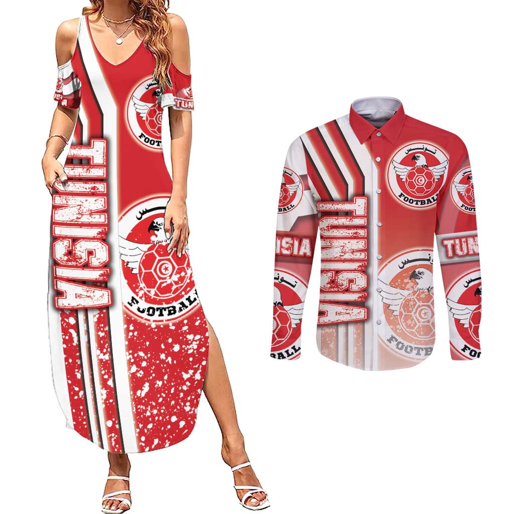 Tunisia Football Couples Matching Summer Maxi Dress and Long Sleeve Button Shirt Eagles of Carthage Soccer - Road To Champion