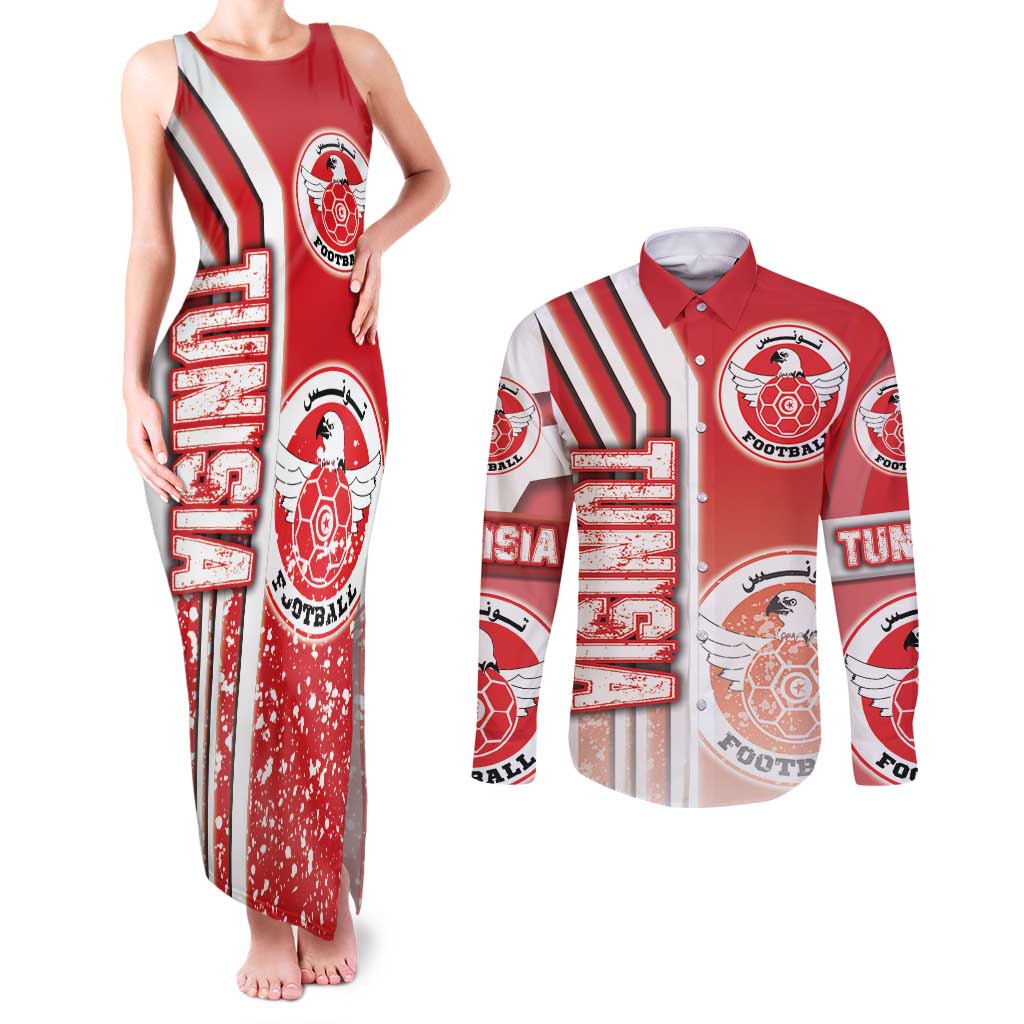 Tunisia Football Couples Matching Tank Maxi Dress and Long Sleeve Button Shirt Eagles of Carthage Soccer - Road To Champion