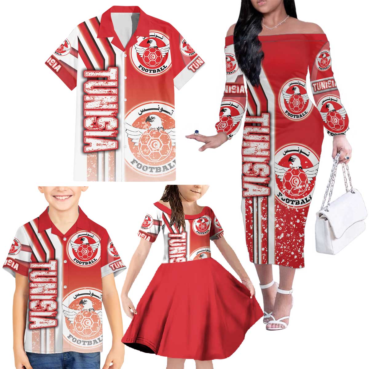 Tunisia Football Family Matching Off The Shoulder Long Sleeve Dress and Hawaiian Shirt Eagles of Carthage Soccer - Road To Champion