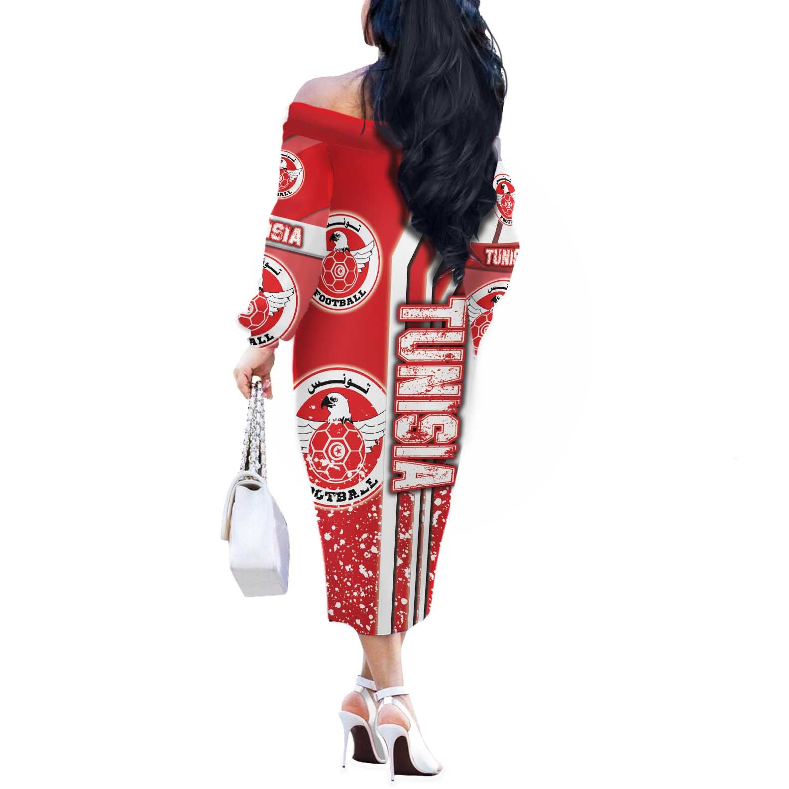 Tunisia Football Off The Shoulder Long Sleeve Dress Eagles of Carthage Soccer - Road To Champion