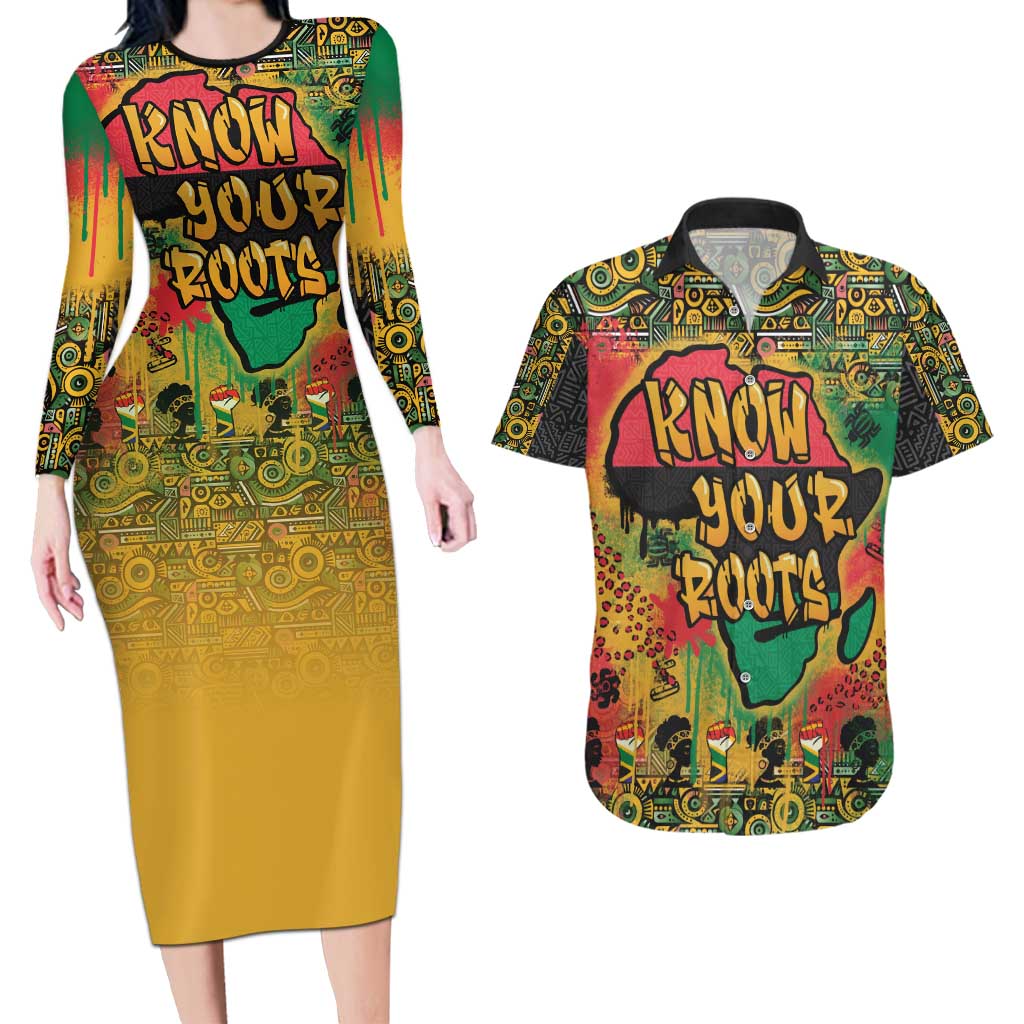 African Map Graffiti Couples Matching Long Sleeve Bodycon Dress and Hawaiian Shirt Know You Roots - Wonder Print Shop