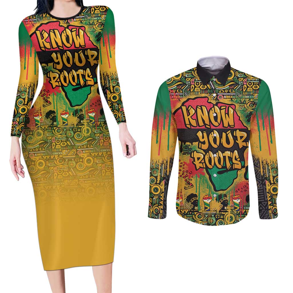 African Map Graffiti Couples Matching Long Sleeve Bodycon Dress and Long Sleeve Button Shirt Know You Roots - Wonder Print Shop