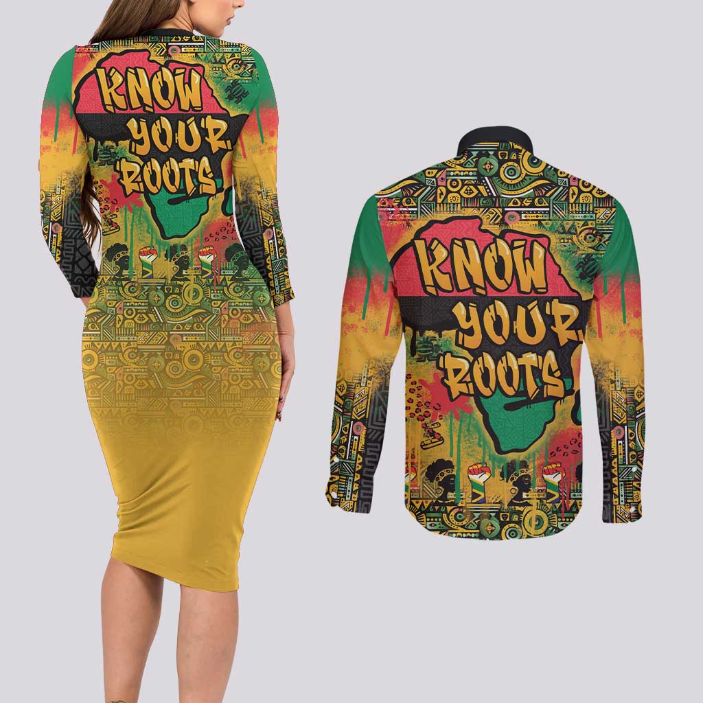 African Map Graffiti Couples Matching Long Sleeve Bodycon Dress and Long Sleeve Button Shirt Know You Roots - Wonder Print Shop