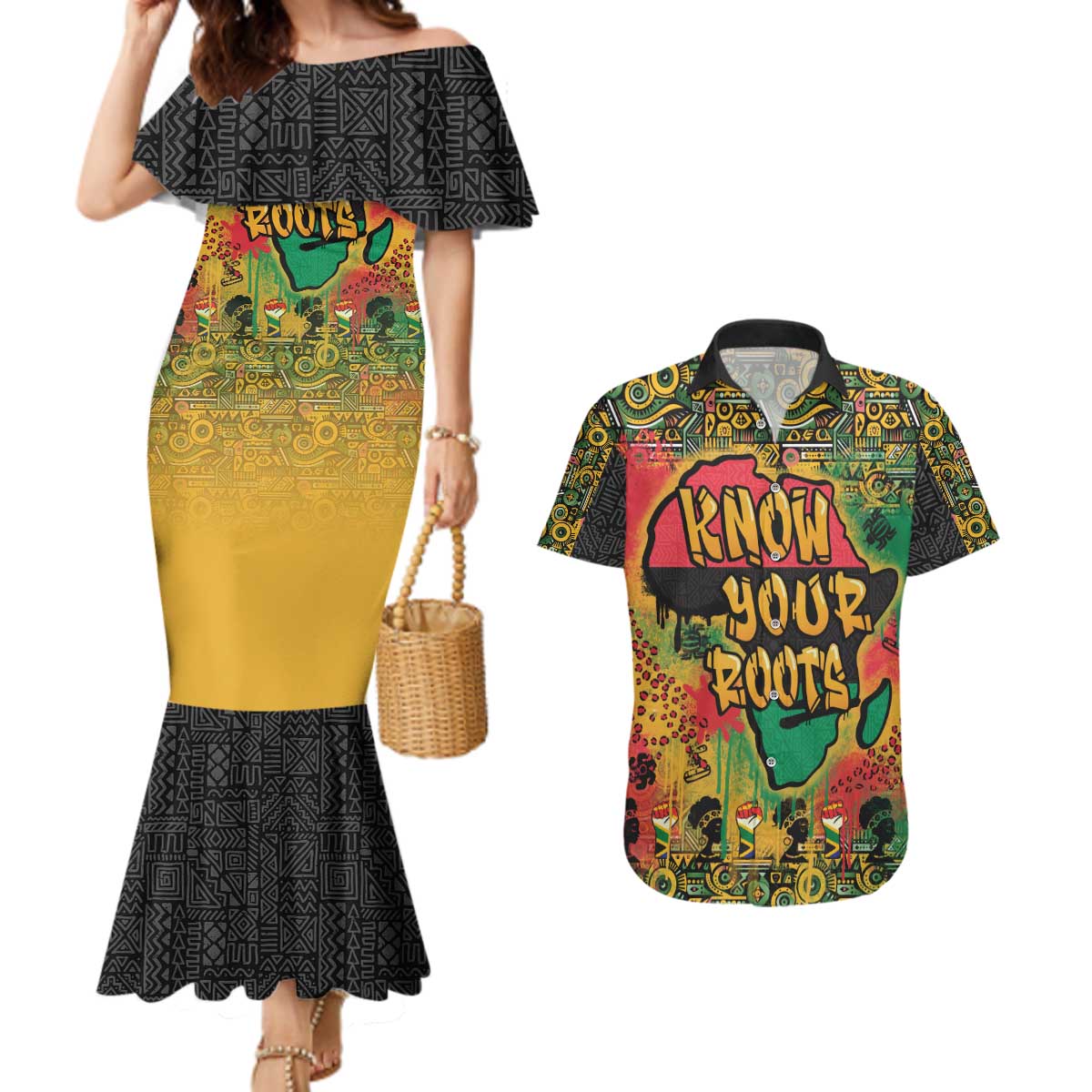 African Map Graffiti Couples Matching Mermaid Dress and Hawaiian Shirt Know You Roots - Wonder Print Shop
