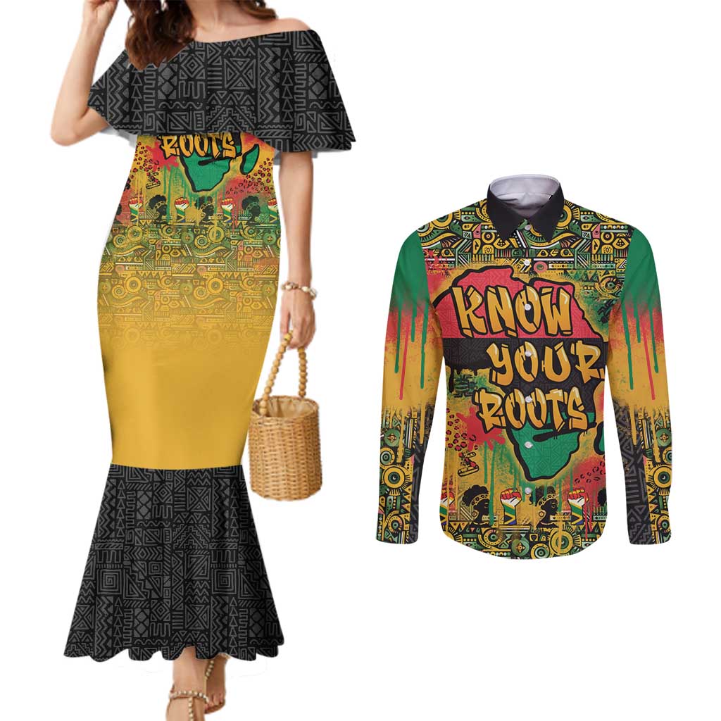 African Map Graffiti Couples Matching Mermaid Dress and Long Sleeve Button Shirt Know You Roots