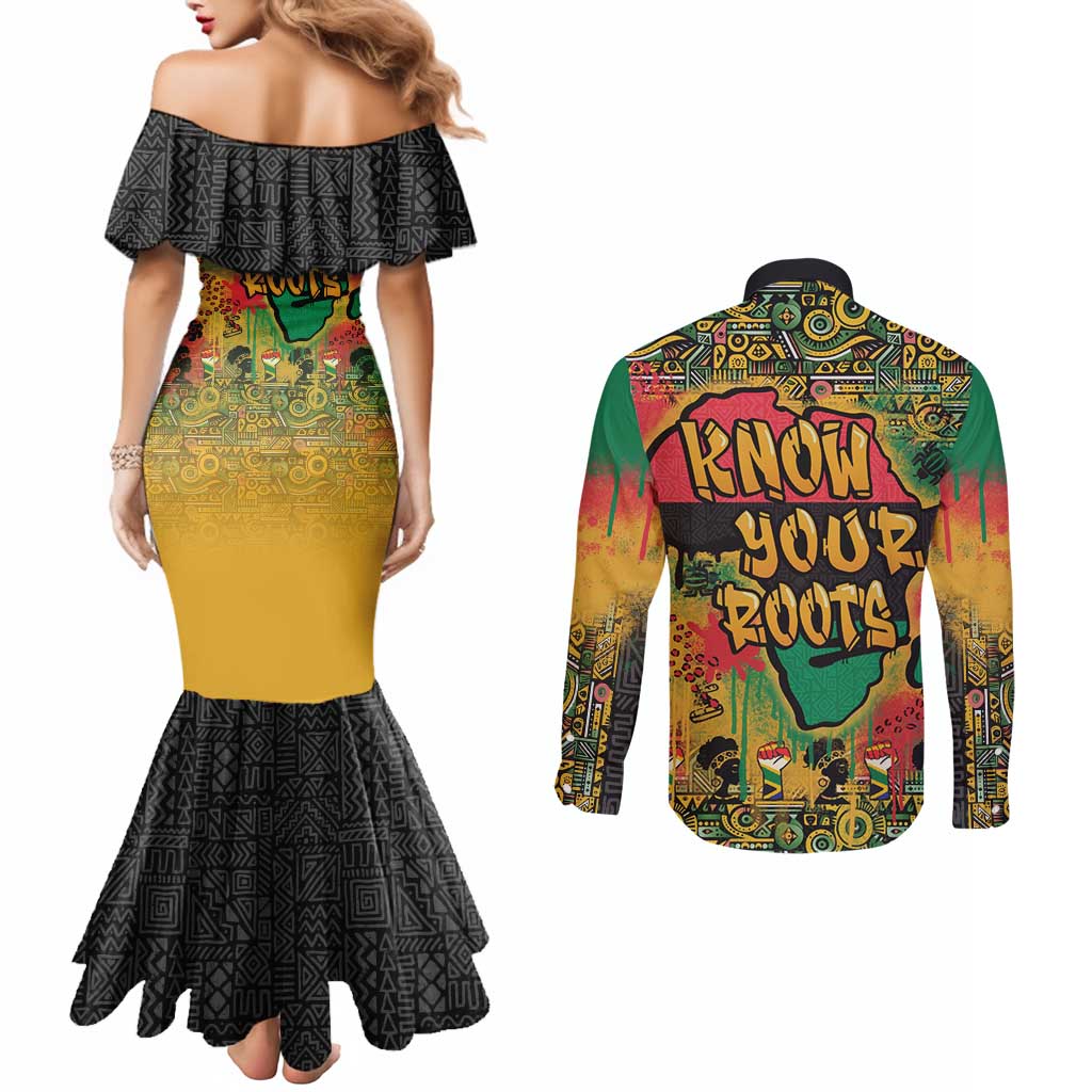 African Map Graffiti Couples Matching Mermaid Dress and Long Sleeve Button Shirt Know You Roots