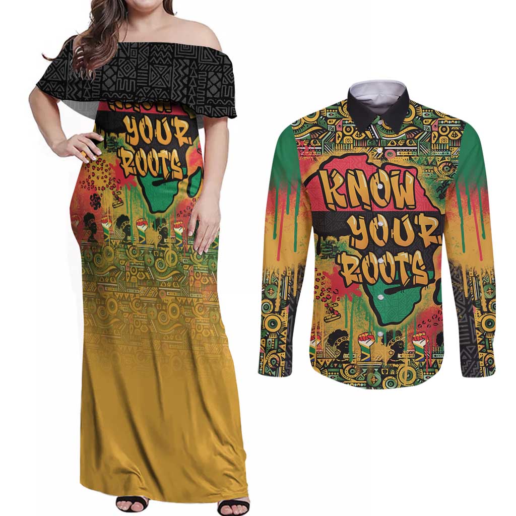 African Map Graffiti Couples Matching Off Shoulder Maxi Dress and Long Sleeve Button Shirt Know You Roots - Wonder Print Shop