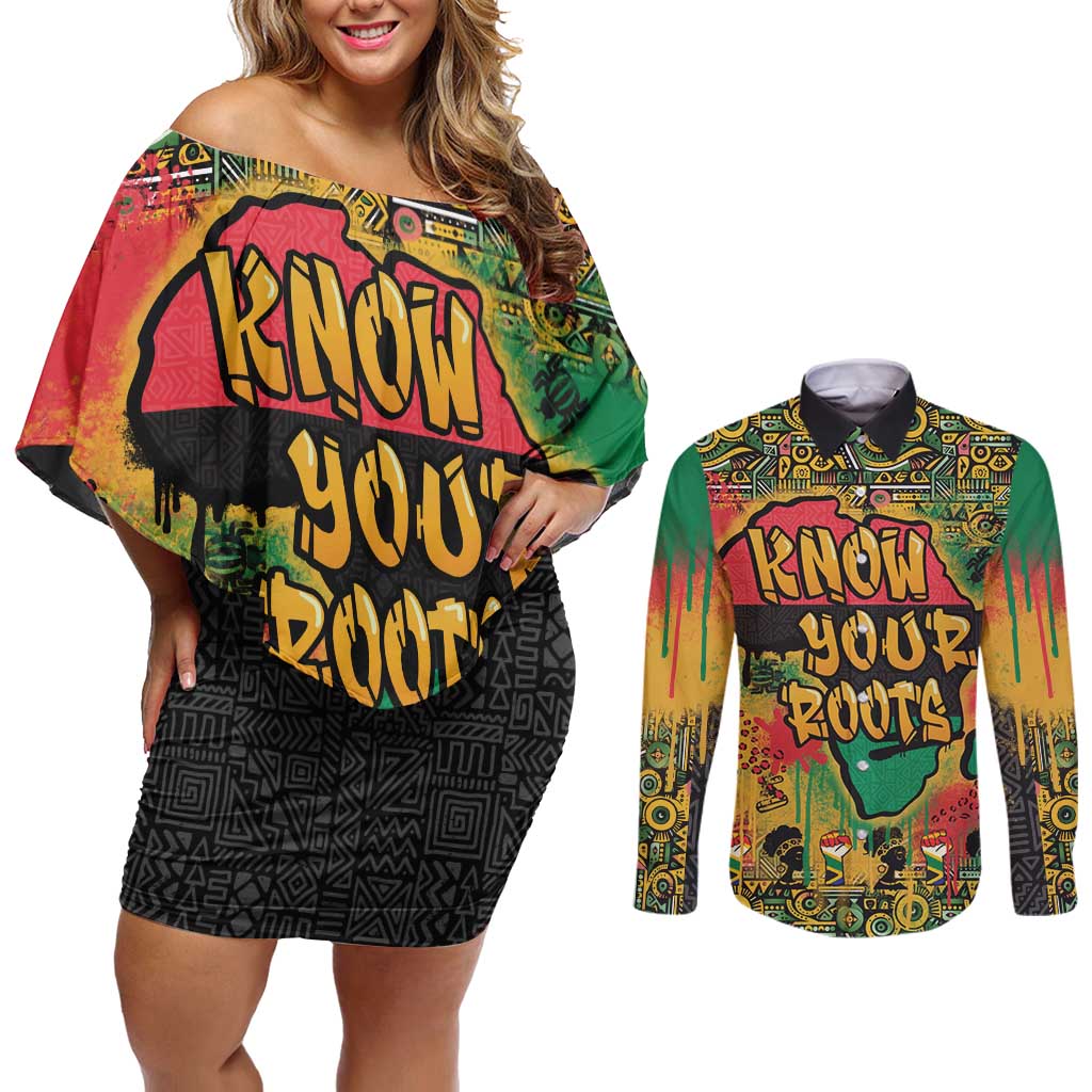 African Map Graffiti Couples Matching Off Shoulder Short Dress and Long Sleeve Button Shirt Know You Roots - Wonder Print Shop