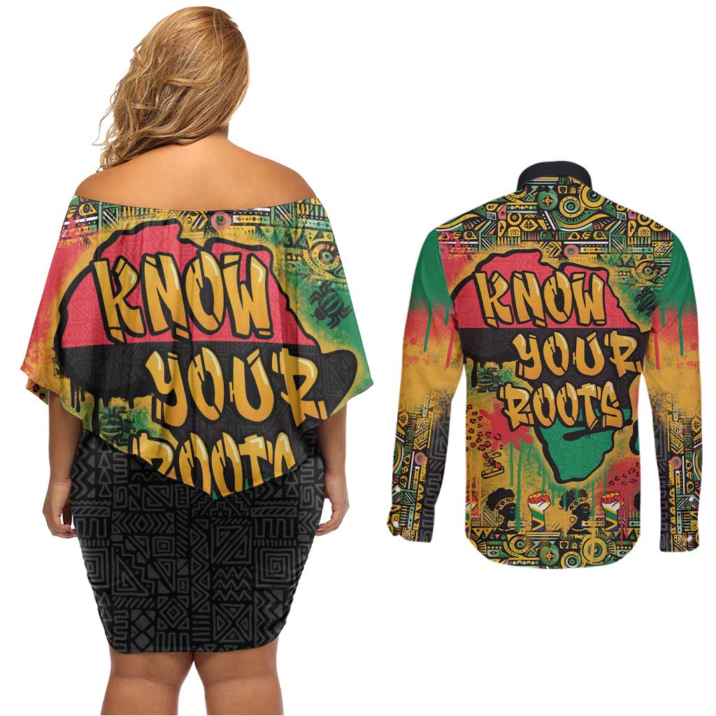 African Map Graffiti Couples Matching Off Shoulder Short Dress and Long Sleeve Button Shirt Know You Roots - Wonder Print Shop