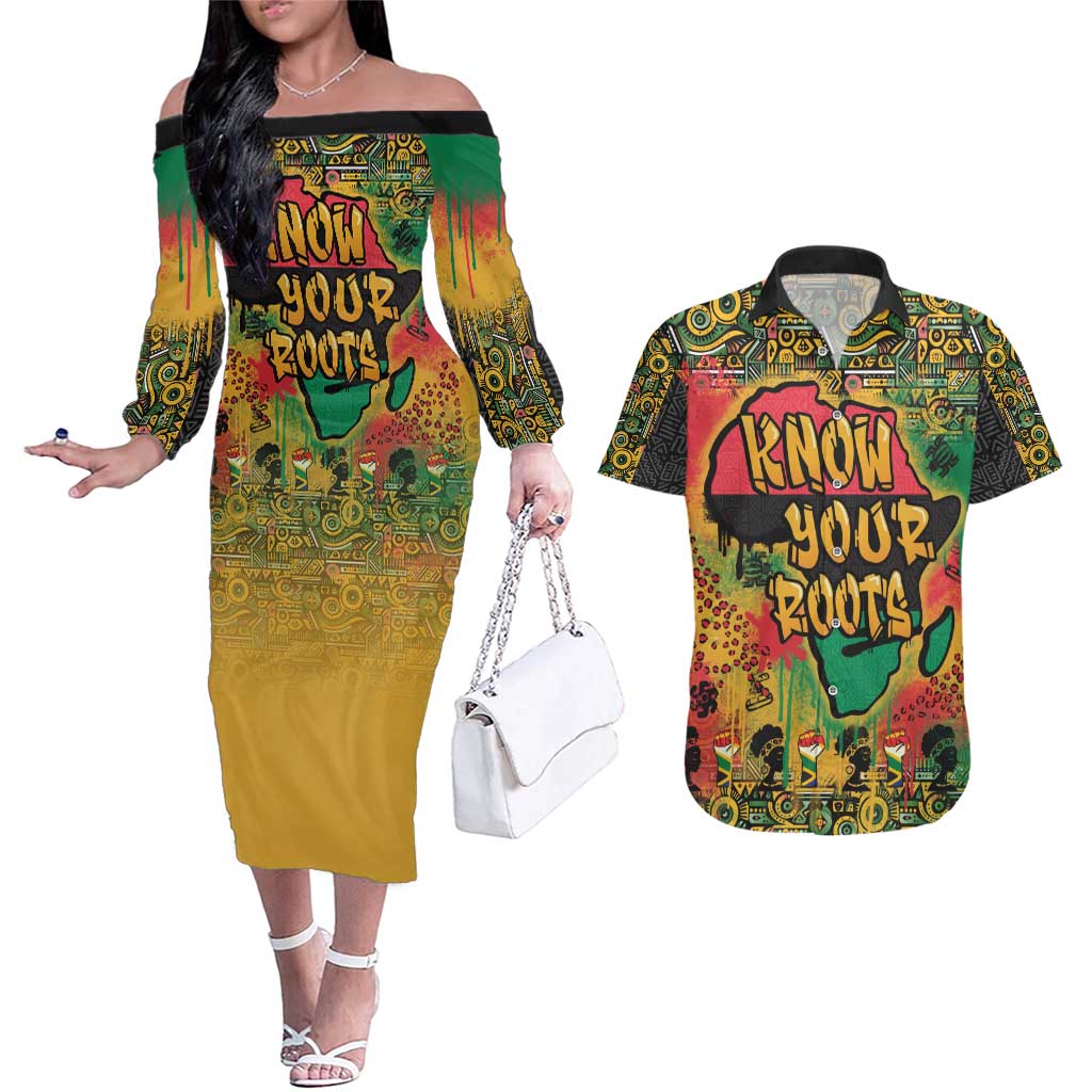 African Map Graffiti Couples Matching Off The Shoulder Long Sleeve Dress and Hawaiian Shirt Know You Roots - Wonder Print Shop
