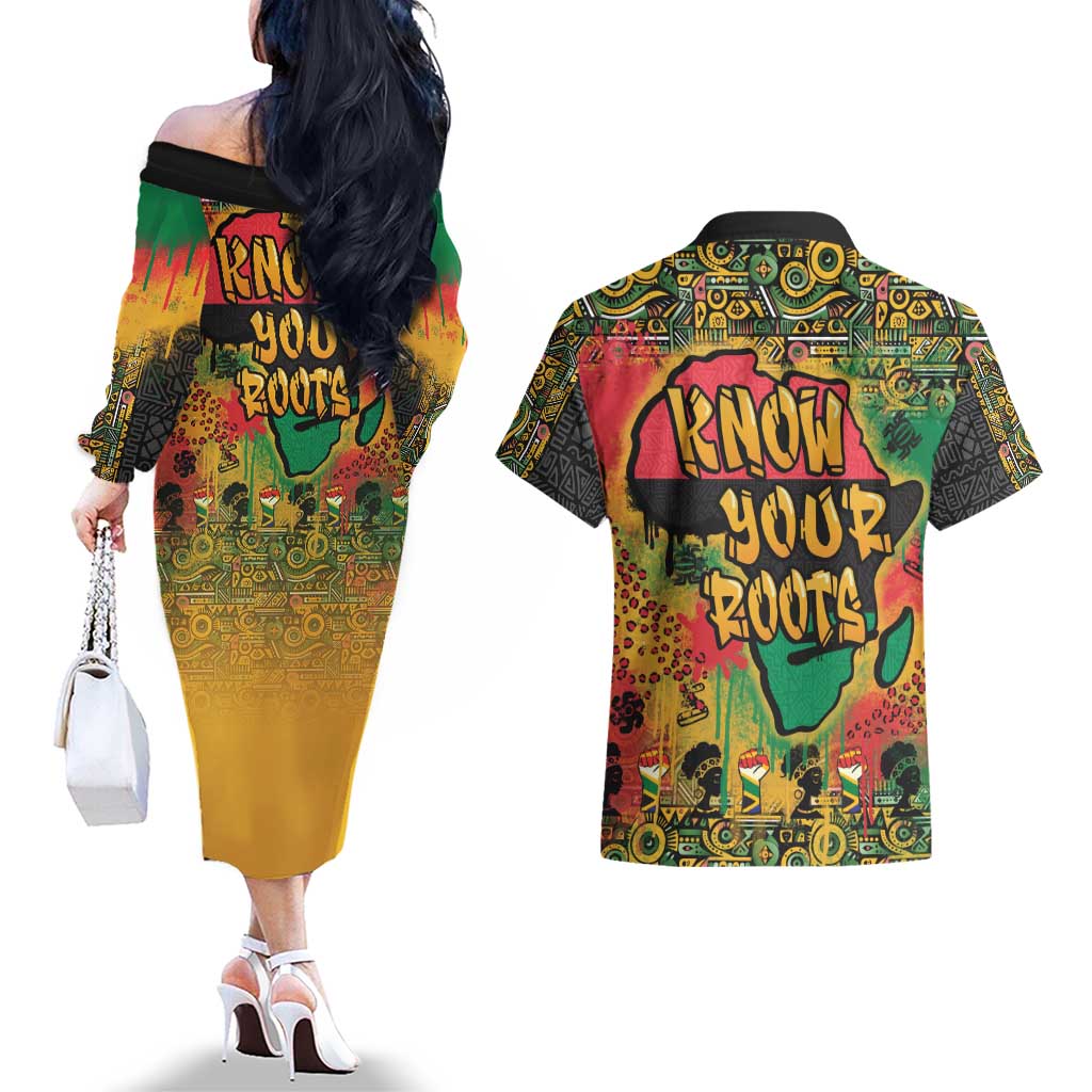 African Map Graffiti Couples Matching Off The Shoulder Long Sleeve Dress and Hawaiian Shirt Know You Roots - Wonder Print Shop