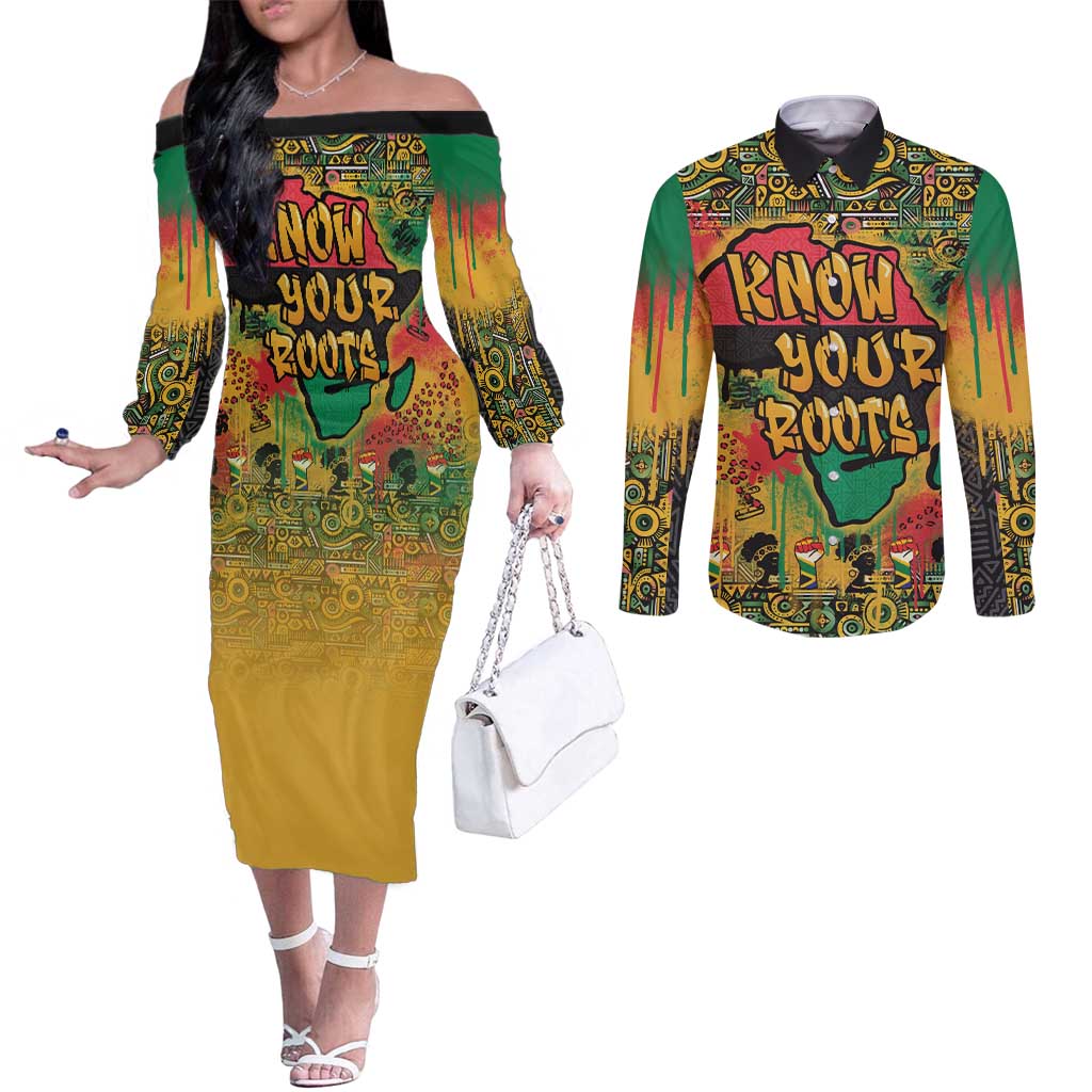 African Map Graffiti Couples Matching Off The Shoulder Long Sleeve Dress and Long Sleeve Button Shirt Know You Roots