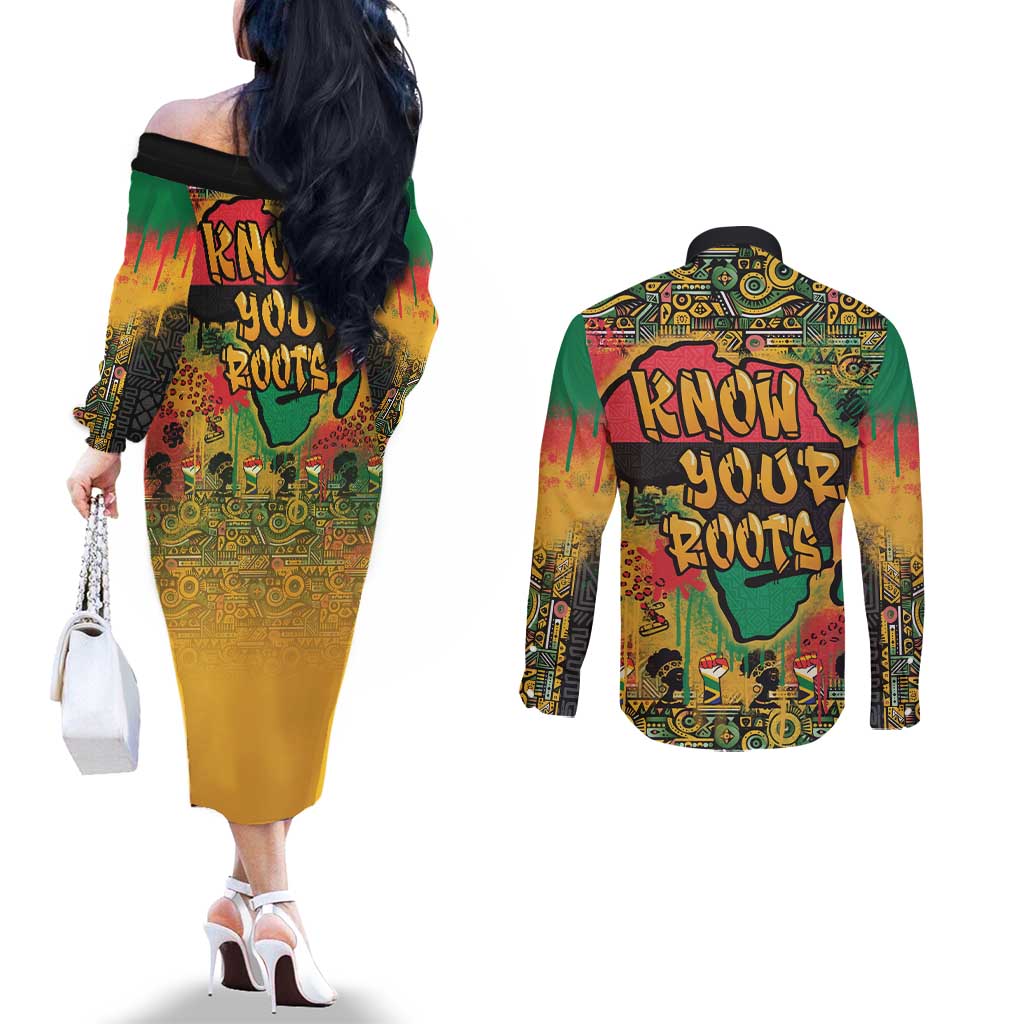 African Map Graffiti Couples Matching Off The Shoulder Long Sleeve Dress and Long Sleeve Button Shirt Know You Roots