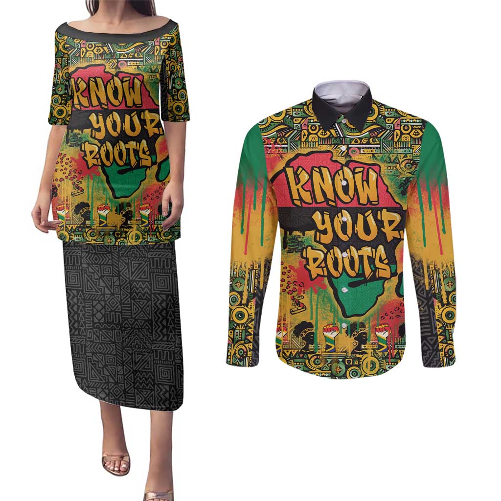 African Map Graffiti Couples Matching Puletasi and Long Sleeve Button Shirt Know You Roots - Wonder Print Shop
