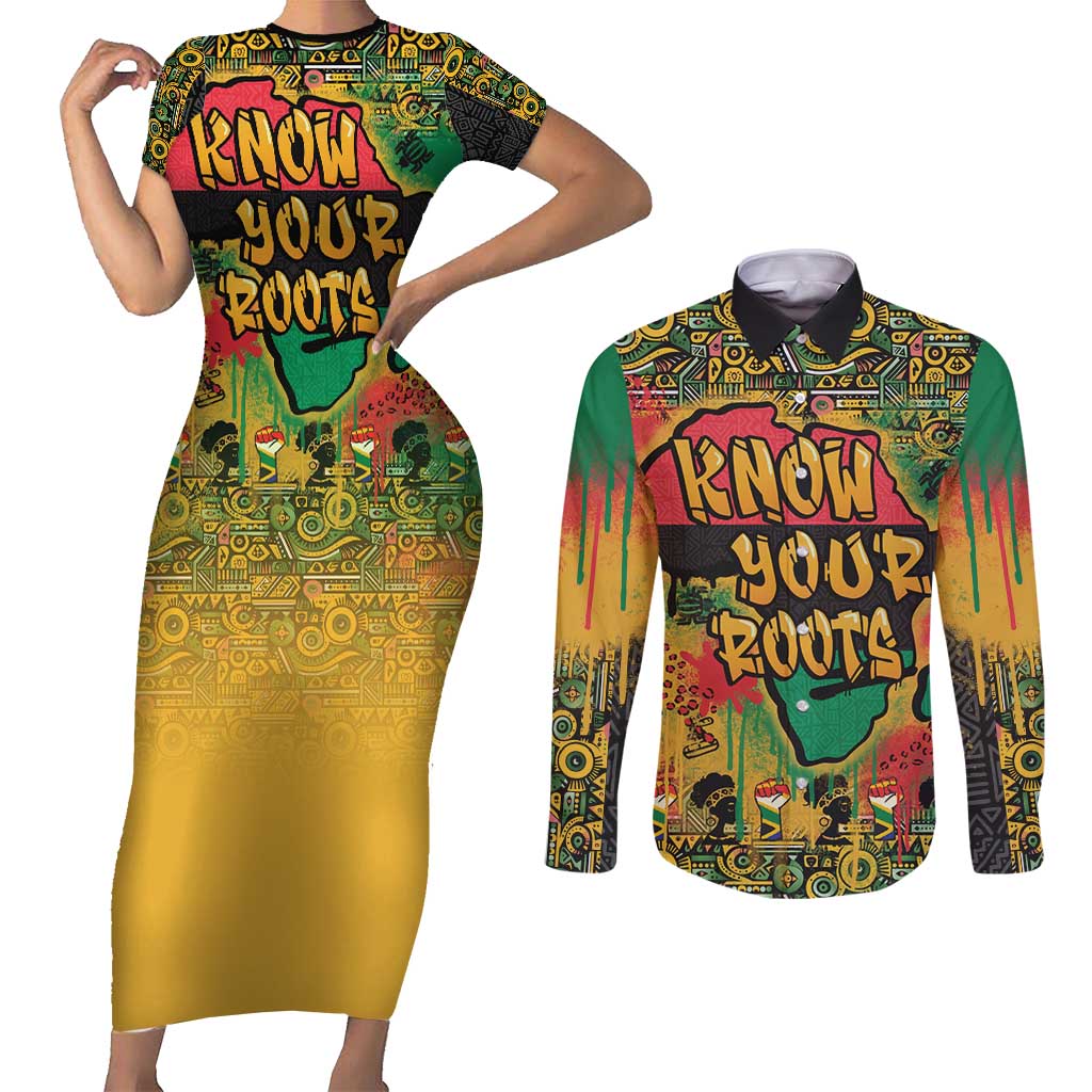 African Map Graffiti Couples Matching Short Sleeve Bodycon Dress and Long Sleeve Button Shirt Know You Roots - Wonder Print Shop