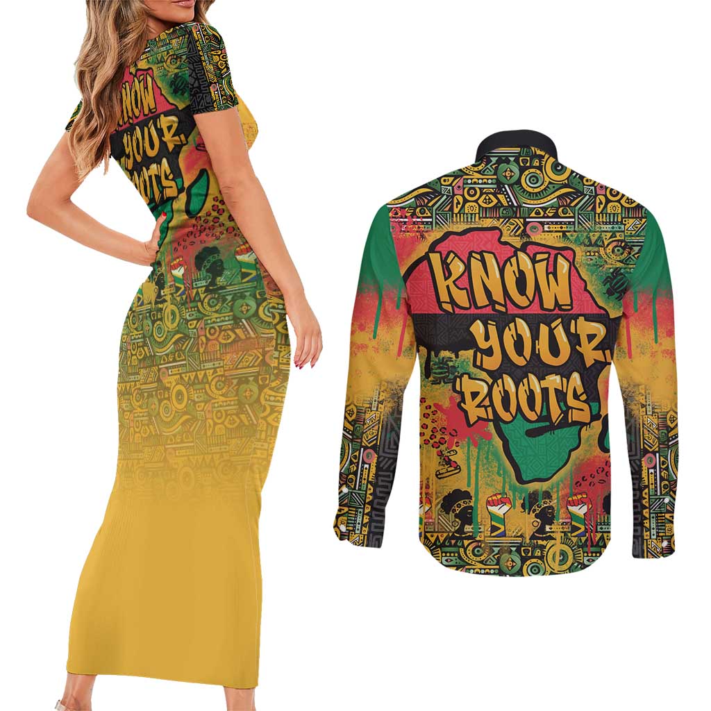 African Map Graffiti Couples Matching Short Sleeve Bodycon Dress and Long Sleeve Button Shirt Know You Roots - Wonder Print Shop