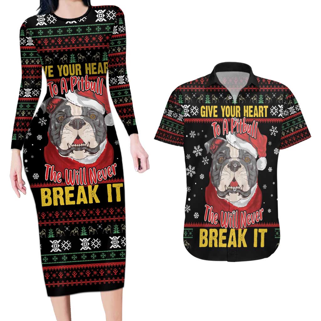 Give Your Heart Pitbull Dog Couples Matching Long Sleeve Bodycon Dress and Hawaiian Shirt The Will Never Break It - Wonder Print Shop