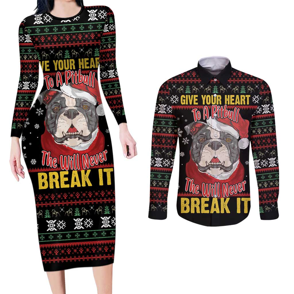 Give Your Heart Pitbull Dog Couples Matching Long Sleeve Bodycon Dress and Long Sleeve Button Shirt The Will Never Break It - Wonder Print Shop