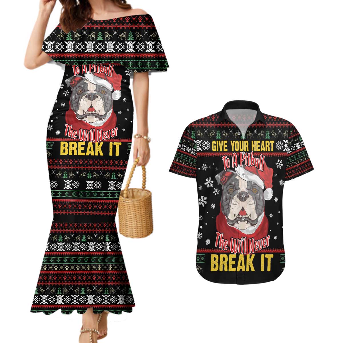 Give Your Heart Pitbull Dog Couples Matching Mermaid Dress and Hawaiian Shirt The Will Never Break It - Wonder Print Shop