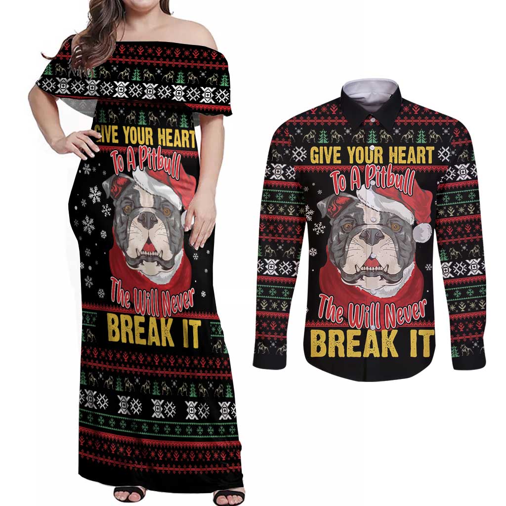 Give Your Heart Pitbull Dog Couples Matching Off Shoulder Maxi Dress and Long Sleeve Button Shirt The Will Never Break It - Wonder Print Shop