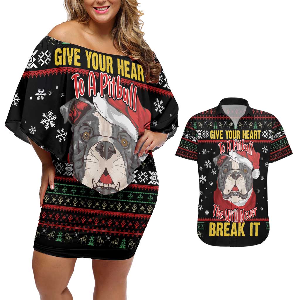 Give Your Heart Pitbull Dog Couples Matching Off Shoulder Short Dress and Hawaiian Shirt The Will Never Break It - Wonder Print Shop
