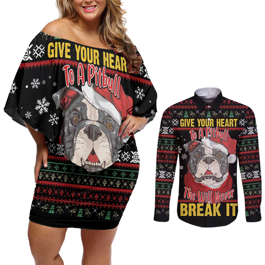 Give Your Heart Pitbull Dog Couples Matching Off Shoulder Short Dress and Long Sleeve Button Shirt The Will Never Break It - Wonder Print Shop