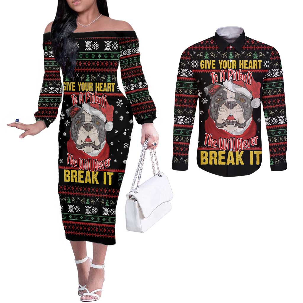 Give Your Heart Pitbull Dog Couples Matching Off The Shoulder Long Sleeve Dress and Long Sleeve Button Shirt The Will Never Break It