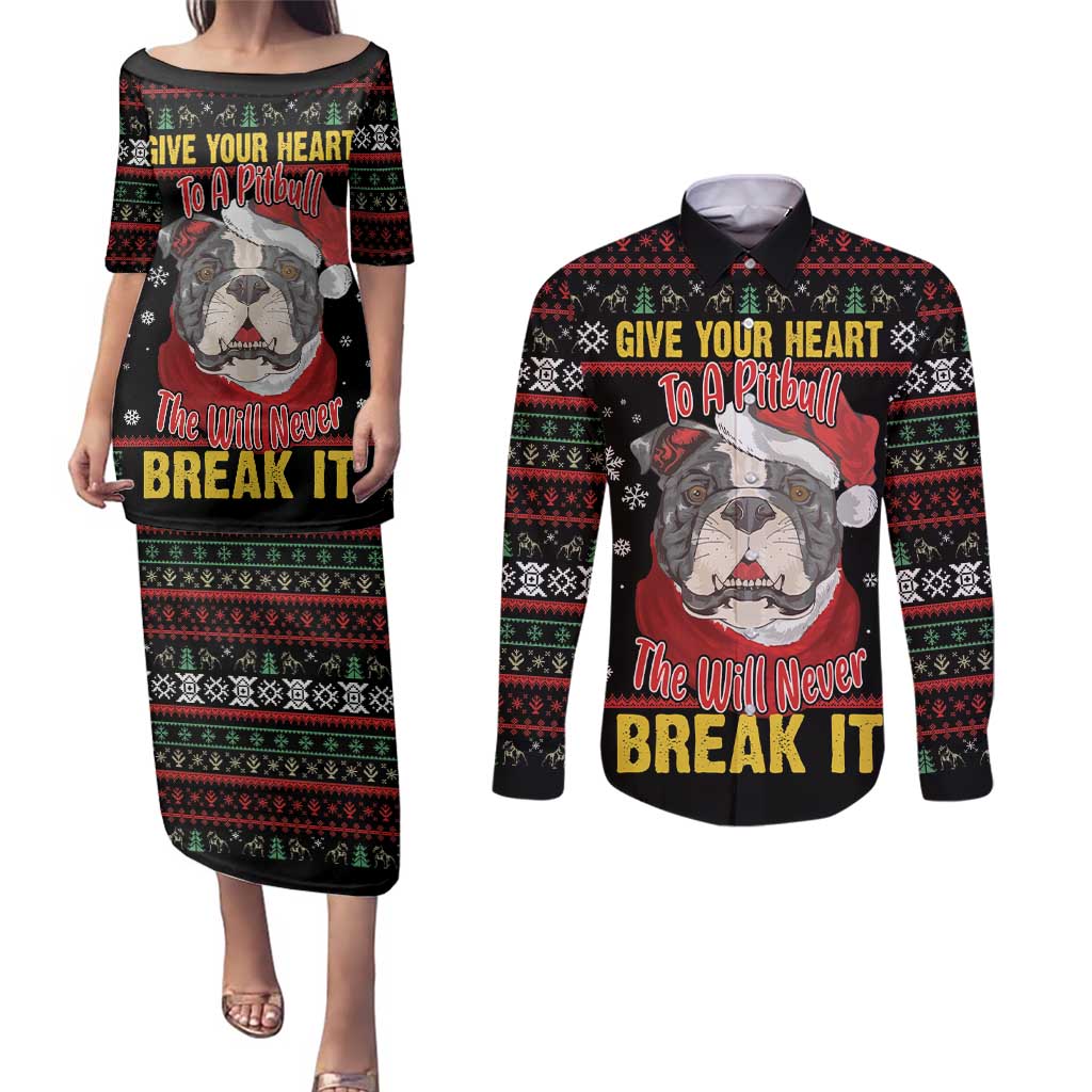 Give Your Heart Pitbull Dog Couples Matching Puletasi and Long Sleeve Button Shirt The Will Never Break It - Wonder Print Shop