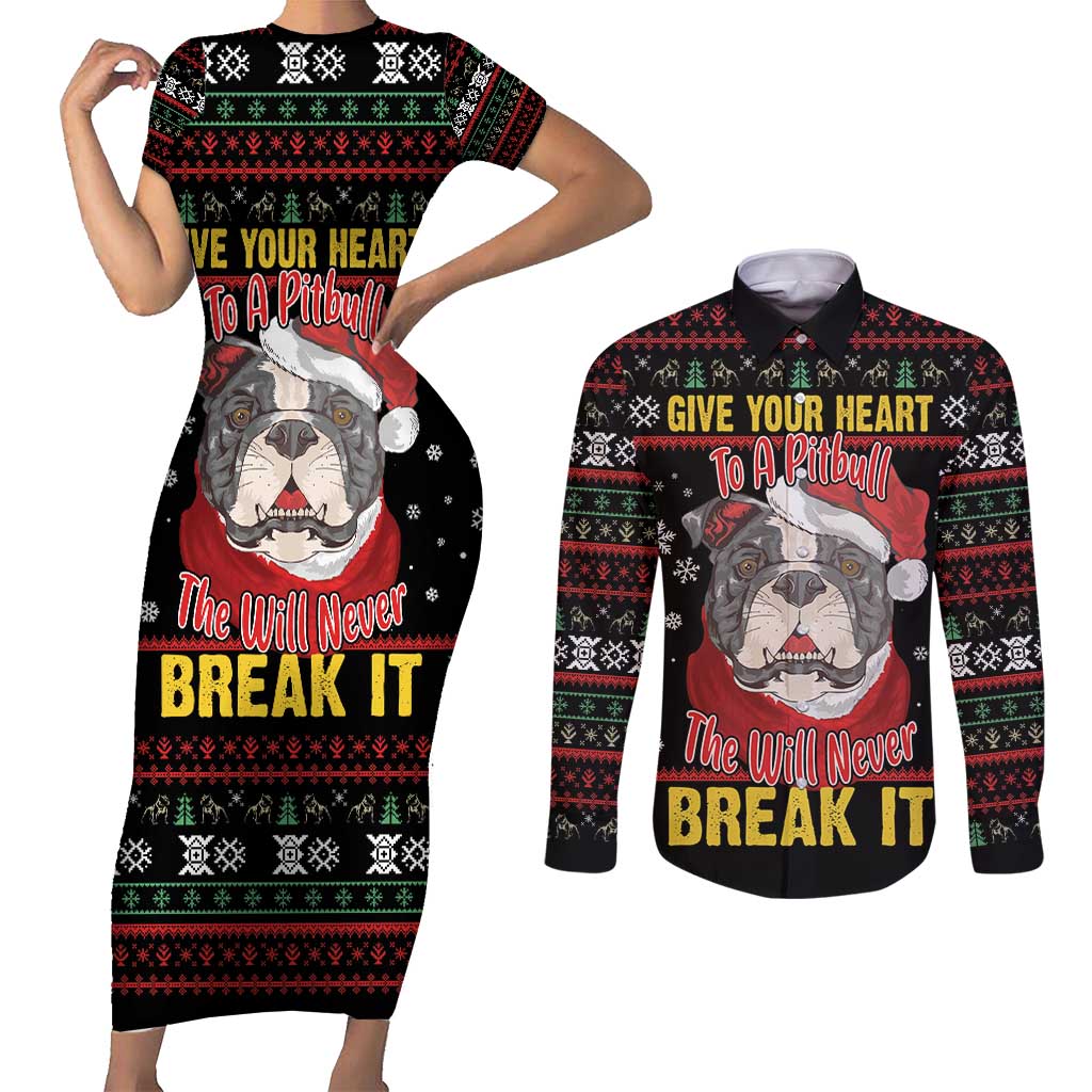 Give Your Heart Pitbull Dog Couples Matching Short Sleeve Bodycon Dress and Long Sleeve Button Shirt The Will Never Break It - Wonder Print Shop