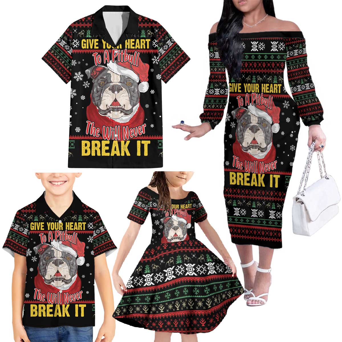 Give Your Heart Pitbull Dog Family Matching Off The Shoulder Long Sleeve Dress and Hawaiian Shirt The Will Never Break It - Wonder Print Shop