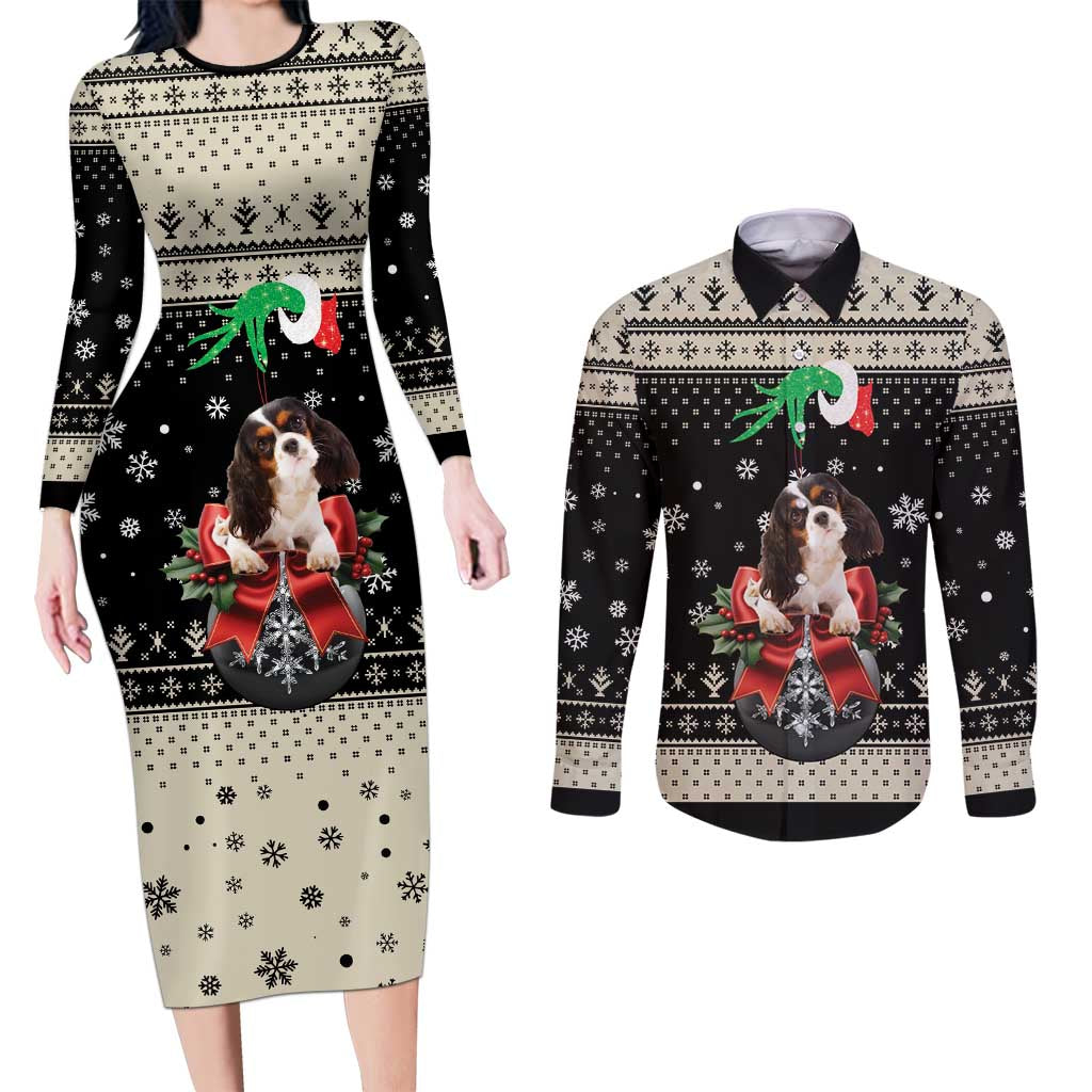 Cavalier King Charles Spaniel Xmas Ball Couples Matching Long Sleeve Bodycon Dress and Long Sleeve Button Shirt Christmas Dog Lovers - Wonder Print Shop