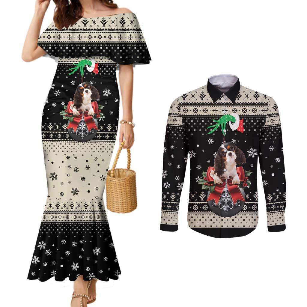 Cavalier King Charles Spaniel Xmas Ball Couples Matching Mermaid Dress and Long Sleeve Button Shirt Christmas Dog Lovers
