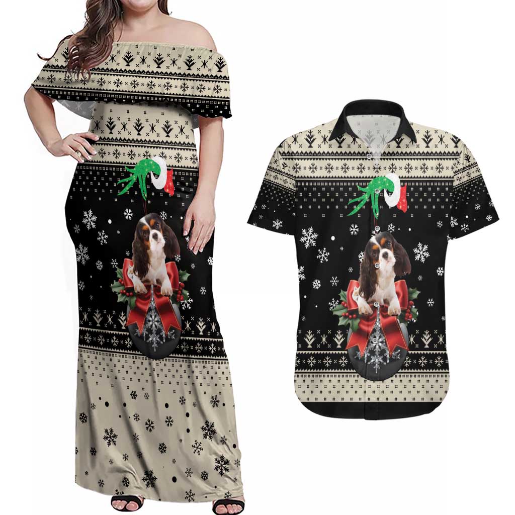 Cavalier King Charles Spaniel Xmas Ball Couples Matching Off Shoulder Maxi Dress and Hawaiian Shirt Christmas Dog Lovers - Wonder Print Shop